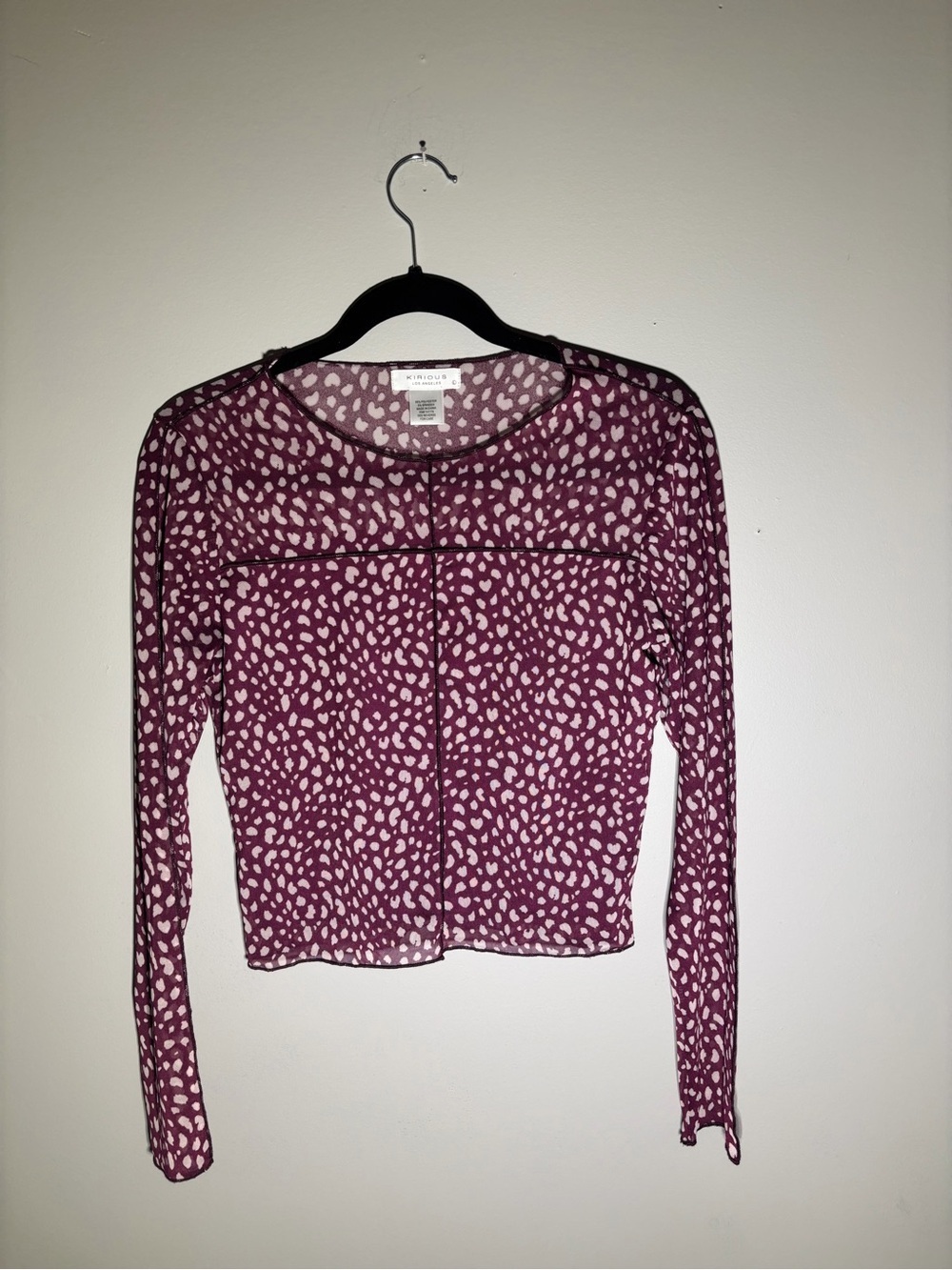 Title: Kirious Los Angeles Purple Mesh Animal Print Long Sleeve Crop Top